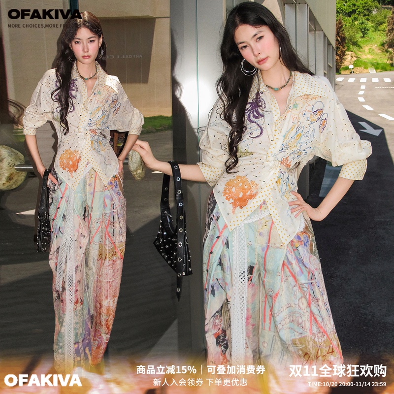 Ofakiva's Summer Workwear Polka Dot Patchwork Hand-Painted Cotton-Like Embroidered Twist Blouse Shirt