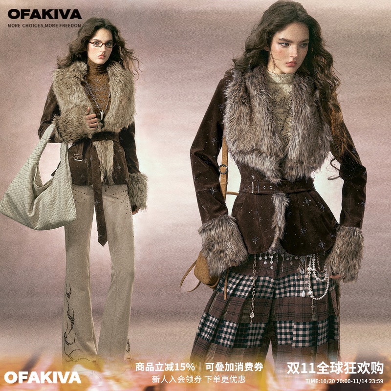 Ofakiva'Alchemy' Vintage Faux Suede Rhinestone Short Jacket Women's Eco-Friendly Fur Collar Jacket