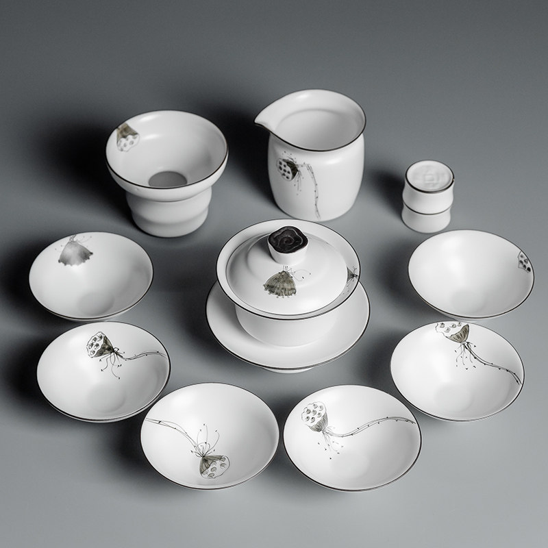 Jingdezhen Ceramics Hand-painted Kung Fu Tea Set Set White Porcelain Complete Tea Cup Cover Bowl Home Simple Office Gift