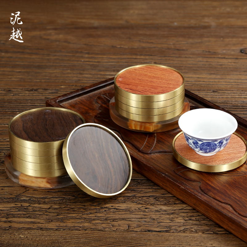 Ebony tea coaster copper household non-slip tea ceremony creative Zen wooden cup mat insulation pad copper coaster accessories