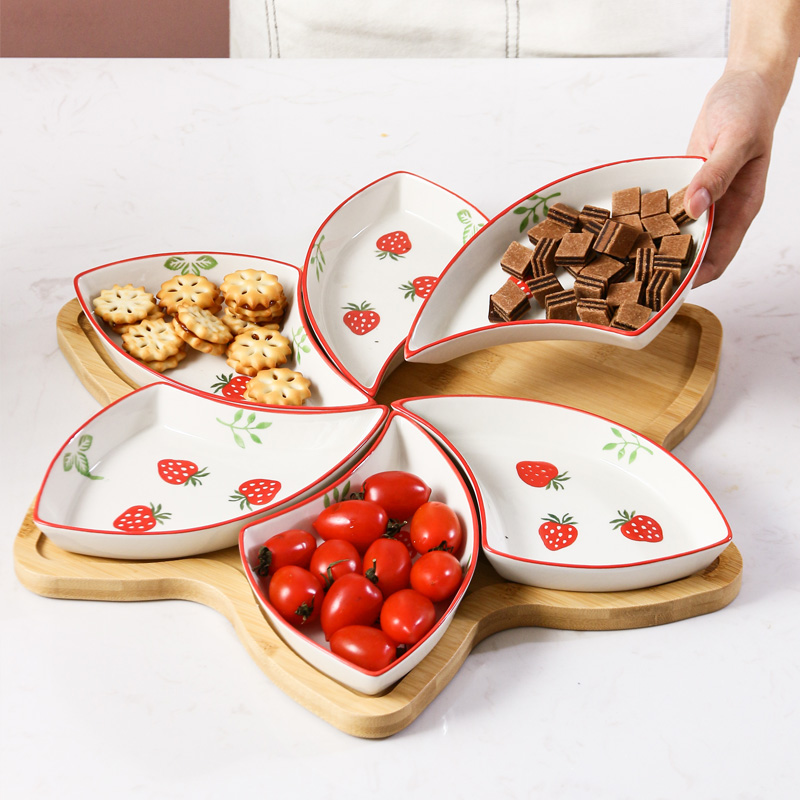 Nordic Home Creative Ceramic Mesh Red Division Disc Parquet Dried Fruit Snack Tray Snacks Saucer Combinations Cutlery Sets