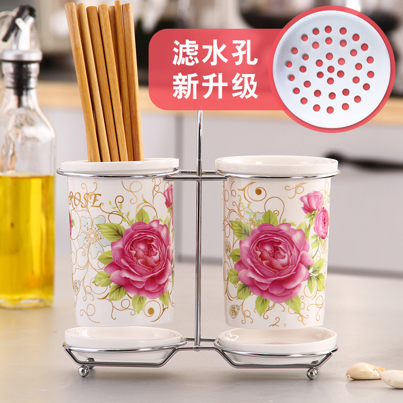 European style creative household ceramic double-barrel chopstick tube drain chopstick holder Mildew drain chopstick cage Chopstick holder Multi-function