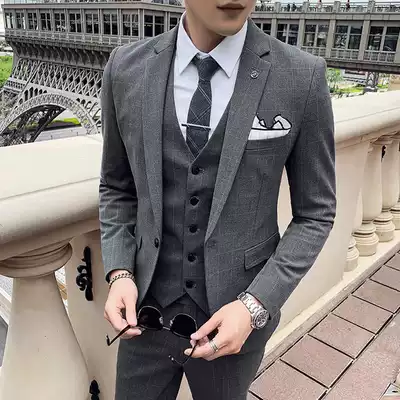 Casual suit suit suit men's three-piece set Korean version of self-cultivation professional dress groom best man dress British suit