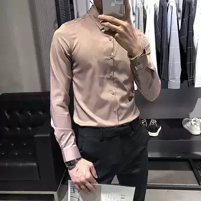 British style business dress casual men long sleeve shirt Korean slim trend handsome embroidered caramel shirt