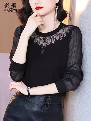 2021 autumn new mesh stitching pure cotton inner tie bottoming shirt women's black noble temperament T-shirt top small shirt