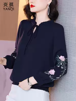 2021 autumn new lace-up embroidered chiffon shirt women's loose Korean feminine top Western style small shirt bottoming shirt