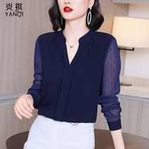 2021 autumn new womens long-sleeved V-neck chiffon shirt design sense niche chic top foreign-style small shirt versatile