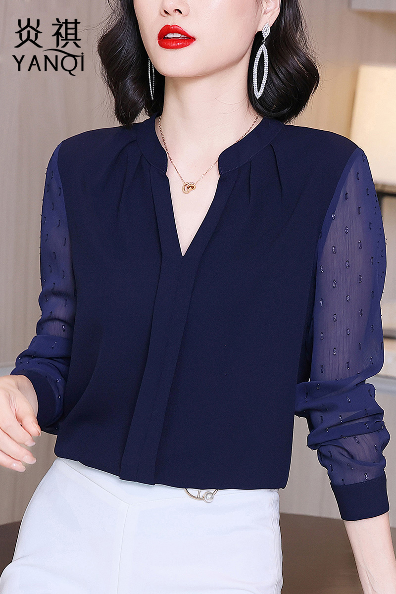 2021 autumn new women's long-sleeved V-neck chiffon shirt design sense niche chic top foreign style small shirt wild