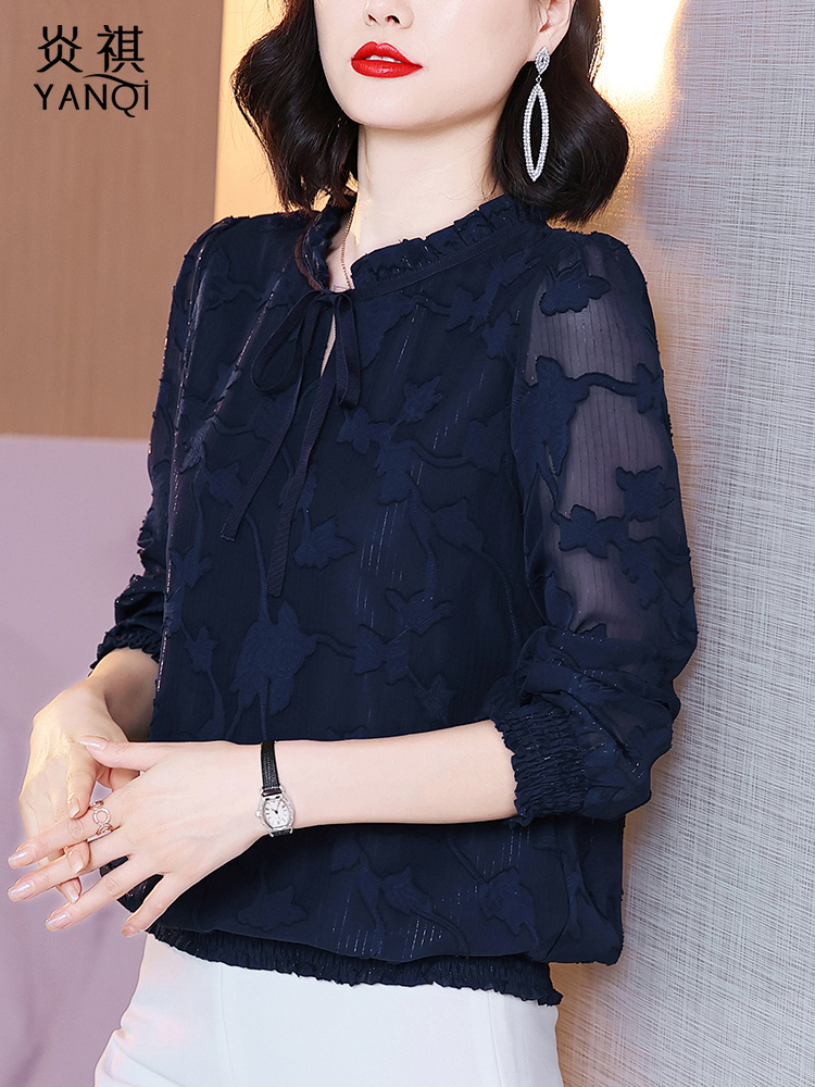 Fashion trend women's temperament long-sleeved chiffon shirt women's 2021 autumn new loose Korean version lace-up wild top