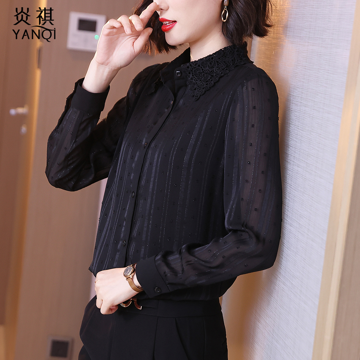 Lady Black Long Sleeve Temperament Snowspinning Shirt 2022 Autumn Dress New Woman Taste Noble Shirt Fashion 100 lap upsets