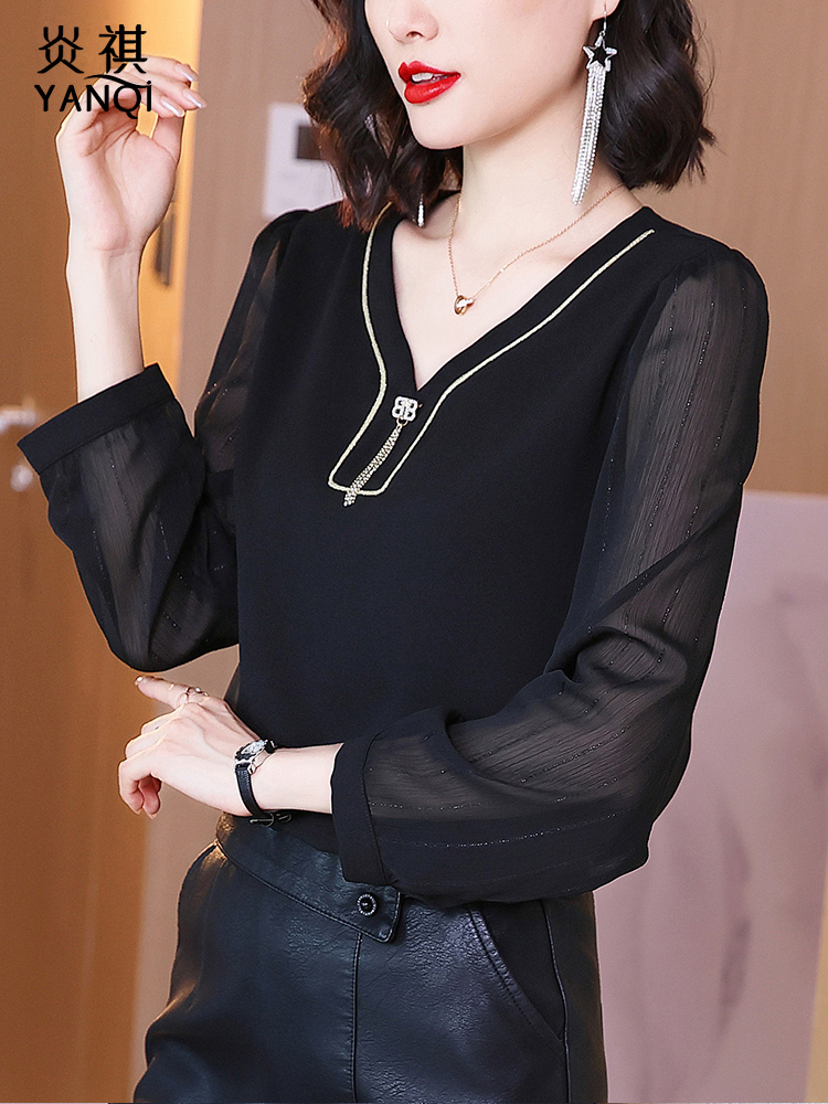 2021 early autumn new small shirt loose belly cover chiffon shirt women's fashion versatile feminine sexy V-neck top