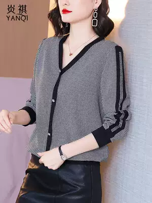 2021 early autumn new loose Korean version of houndstooth long-sleeved chiffon shirt women's fashion one-on-one V-neck small shirt tide