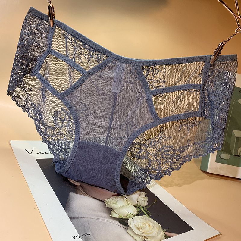 emwz European and American hollow straps lace fabric panties women's mid-waist transparent temptation breathable cotton crotch safety pants