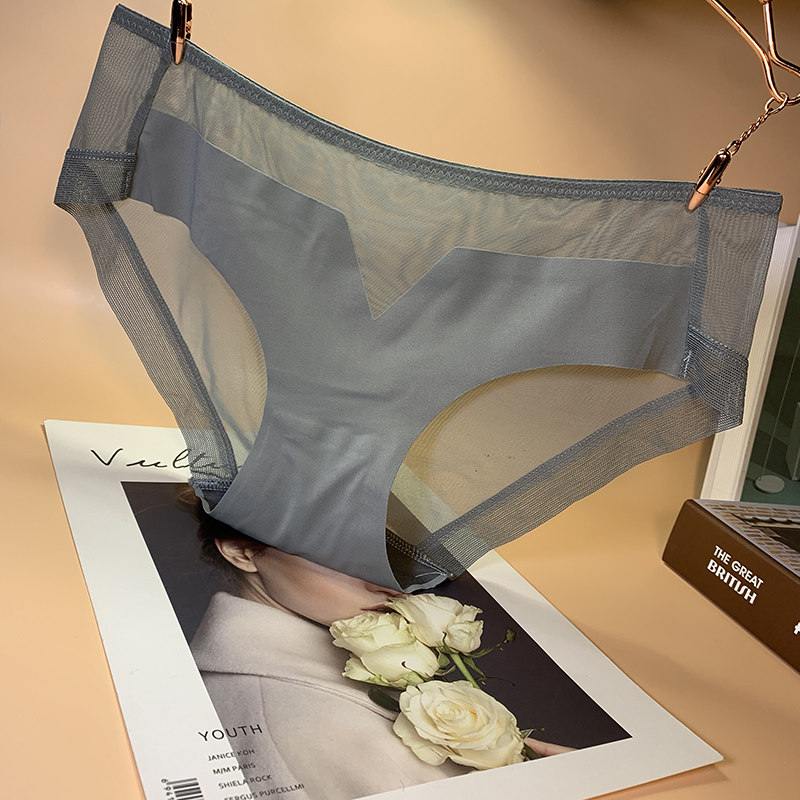 emwz seamless double-sided tape V-shaped women's panties sexy mesh stitching ice silk briefs mid-low waist