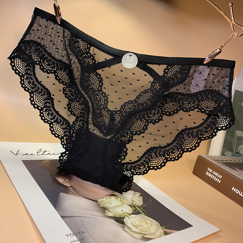 emwz sexy lace panties women's low waist fashion metal decoration hollow transparent temptation briefs pure cotton crotch