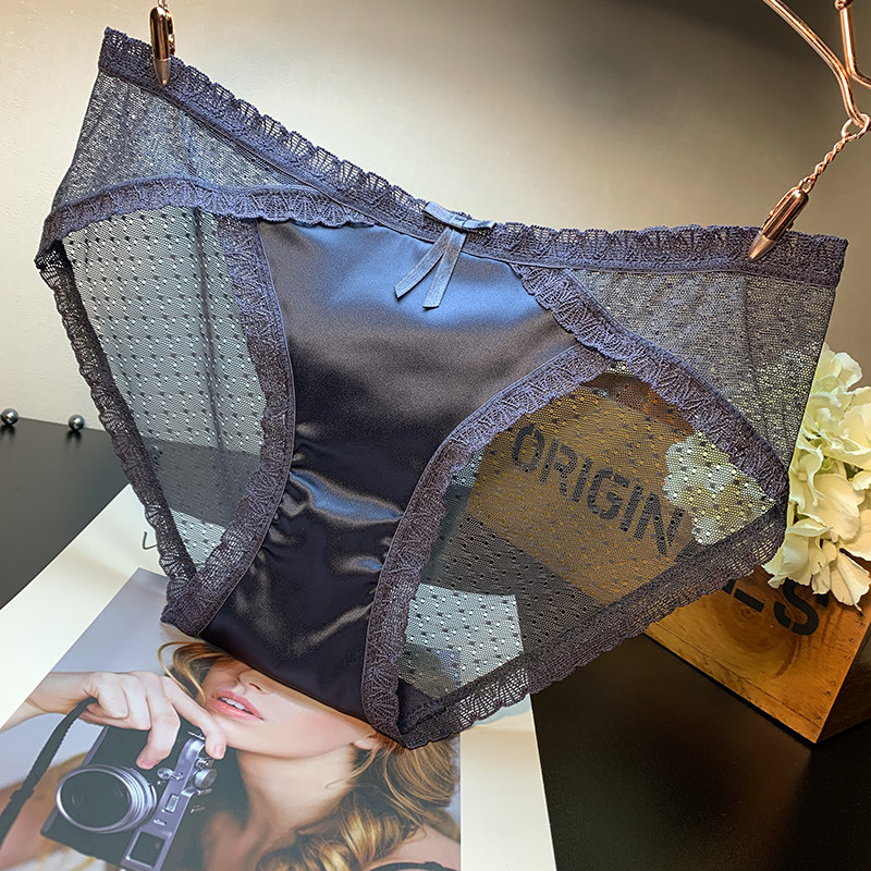 emwz underwear women's sexy mid-low waist lace transparent satin briefs head hot cotton crotch large size thin section