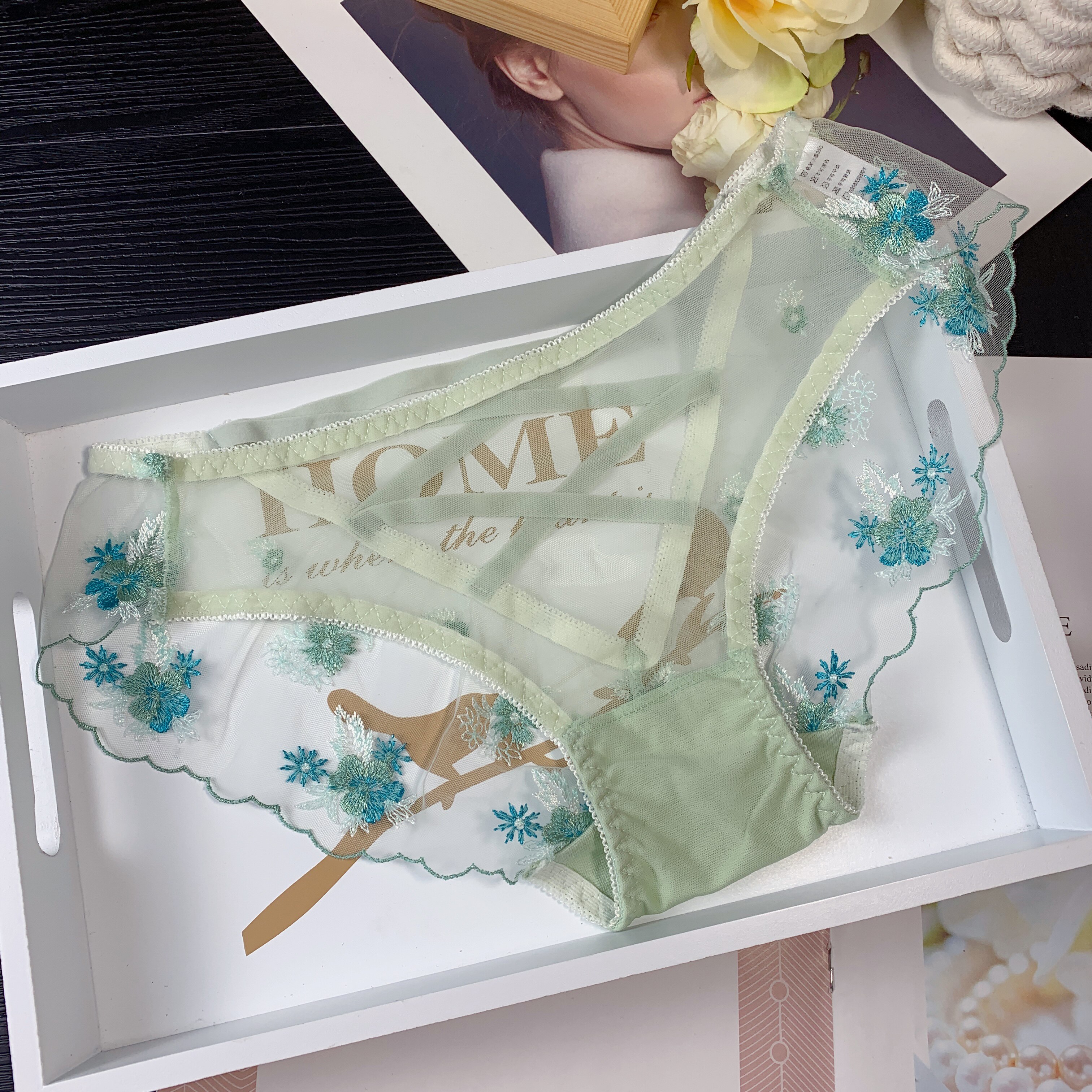 emwz embroidered flower sexy mesh lace underwear women's mid-waist back hollow strap transparent see-through briefs