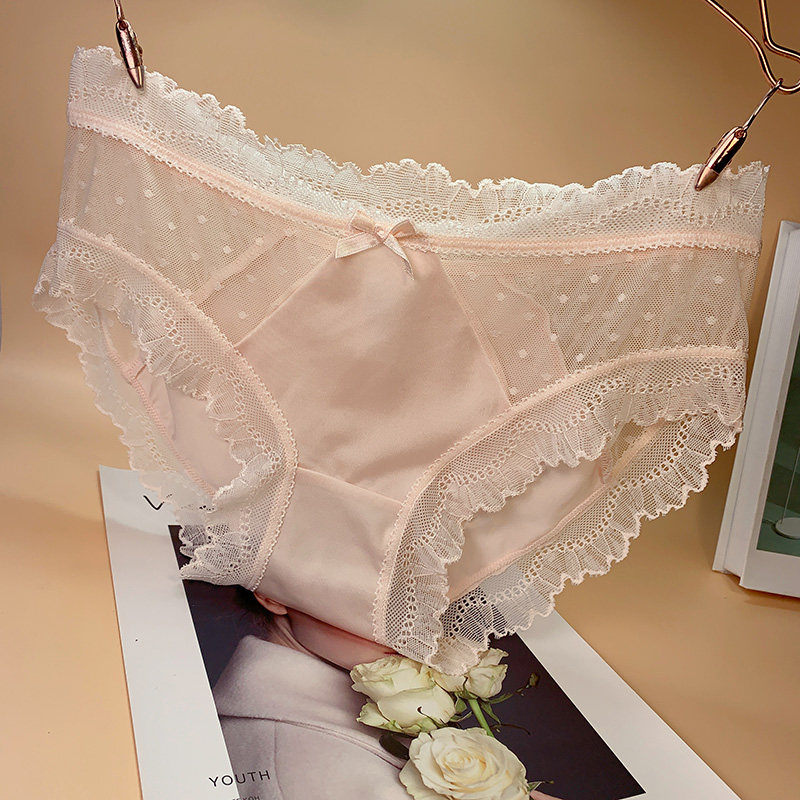 emwz lace panties women's sexy mid-waist ice silk stitching lace edge fashion sweet ladies safety pants