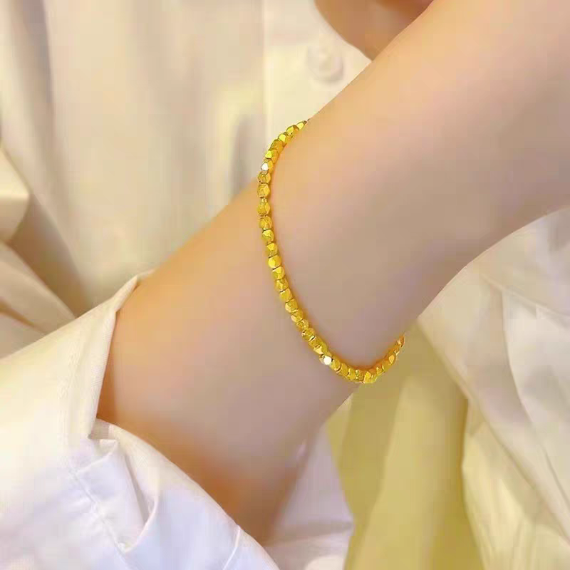 Gold-Colored Beaded Bracelet for Women, Pure Gold with Crushed Gold Pieces, 18K Gold and Silver Bracelet