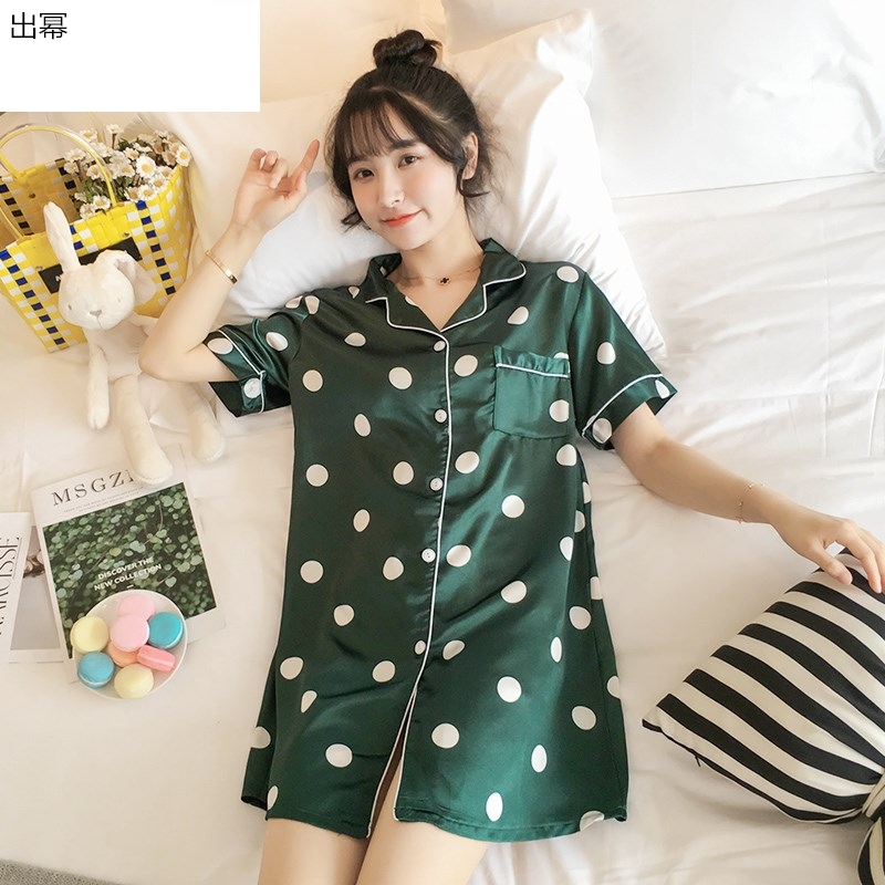 . Pajama nút áo sơ mi theo phong cách sinh viên lụa bầu trời băng trong dài tay áo sơ mi lụa mùa hè đồ ngủ mỏng mùa xuân và mùa hè lớn.