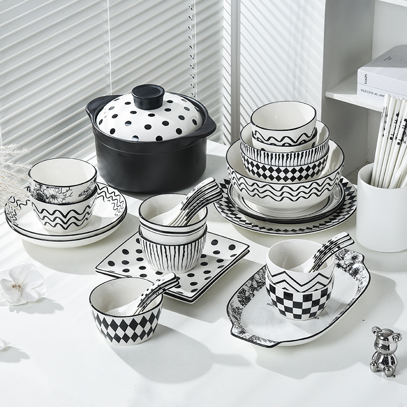 Dinnerware Set for Home Use, Modern Hepburn Style, French Ins Minimalist Tableware, Bowl and Chopstick Combination, Bowl and Plate Set, Rice Bowl and Plate