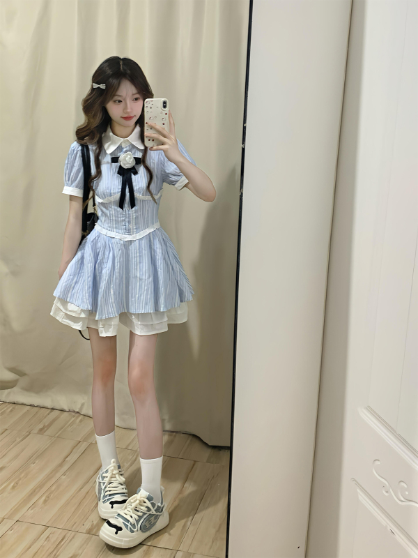 French-Style Blue and White Striped Shirt Collar Dress for Women, Summer Pure Girl Princess Dress, Waist-Cinching Cake Puffy Skirt