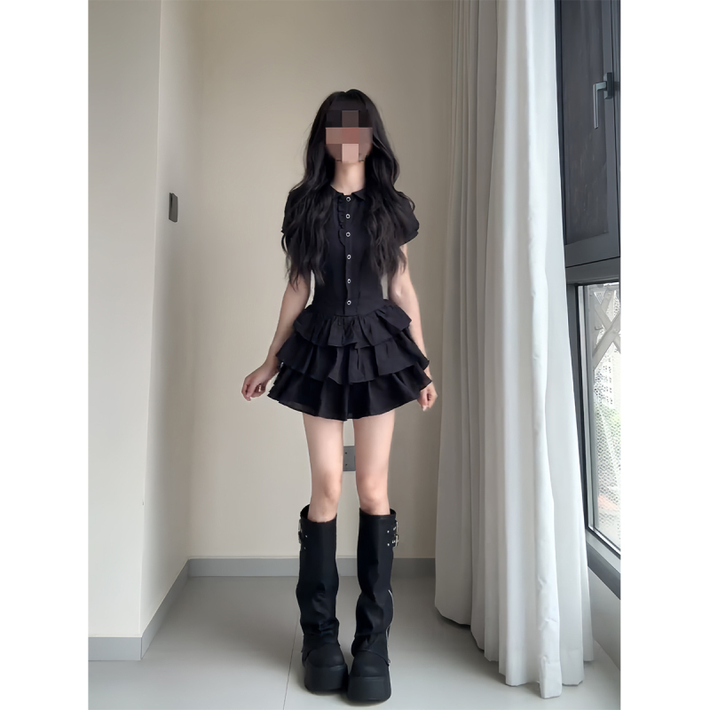 Sweet and Spicy Girl Puff Sleeve Shirt Dress for Women, Summer Gorgeous Korean-Style Princess Cake Dress, Waist-Cinching Puffy Short Skirt