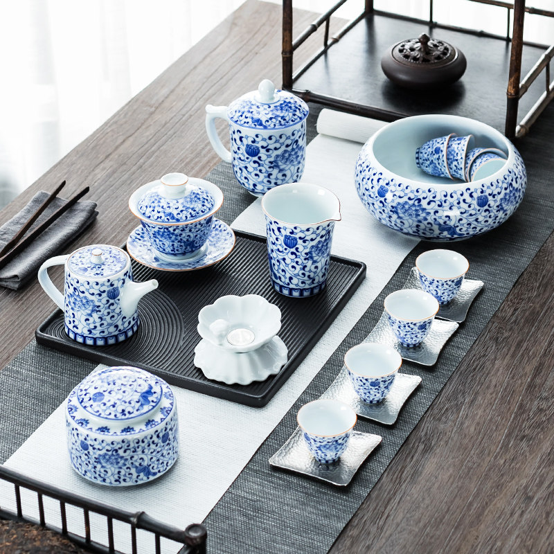 Blue and white porcelain Gongfu Tea set Household set Jingdezhen ceramic tea pot covered bowl tea cup New Chinese living room