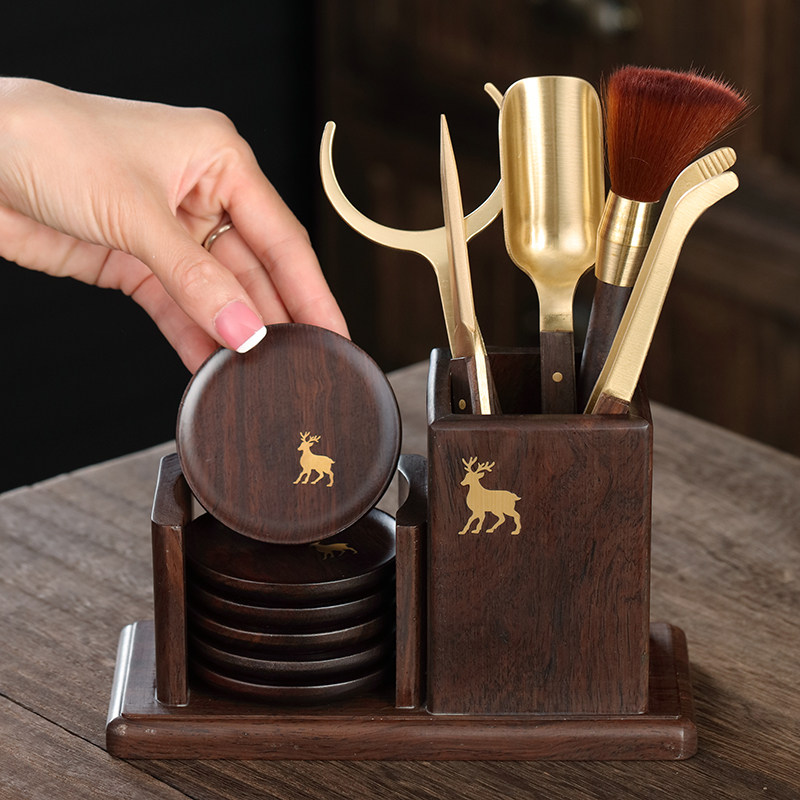 Huali Tea Ceremony Six Gentleman Set Tea Accessories Ebony Wood Tea Cup Pad Pu'er Tea Knife Tea Art Cup Set Combination