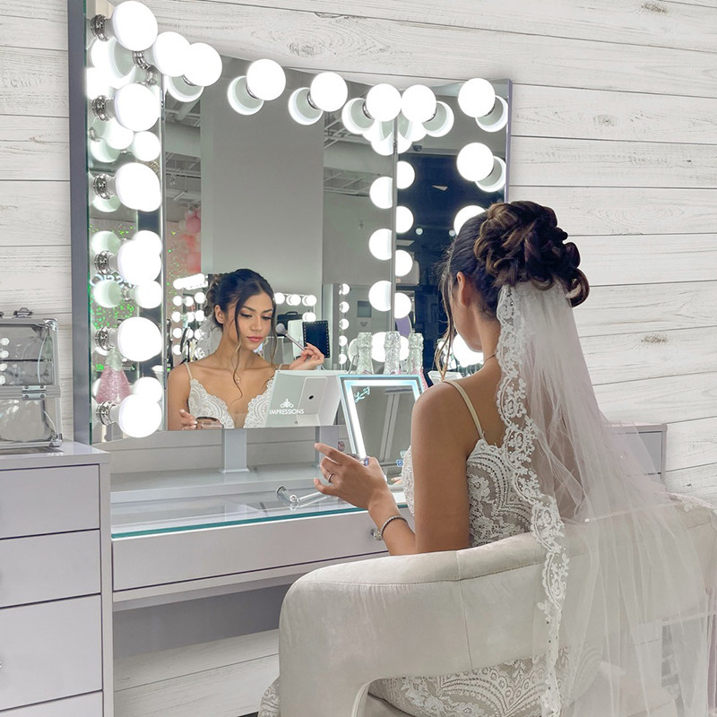 IMPRESSIONS Hollywood Cosmetic Mirror LED Large Three-folded Desktop Dressing Mirror with Lighting Cosmetic Mirror