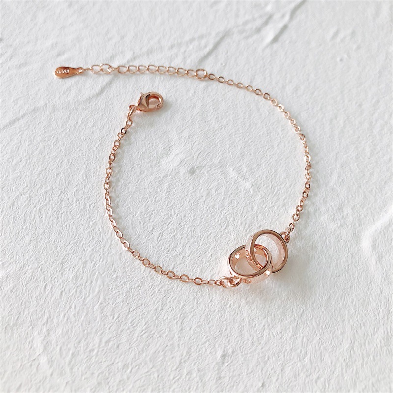 Double ring hollow love silver bracelet female Japanese fresh rose gold in windy sweet European and American hands