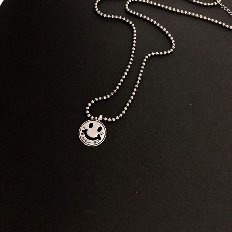 South Korea Dongdaemun Necklace S925 Silver Smiley Face Smile Pendant Minimalist Temperament Net Red Thai Silver Tide Card Necklace Woman