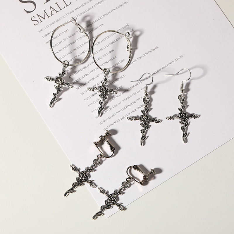European and American new cross earrings female roses retro Exaggerated Earrings Personality 100 Hitch Clip Earrings