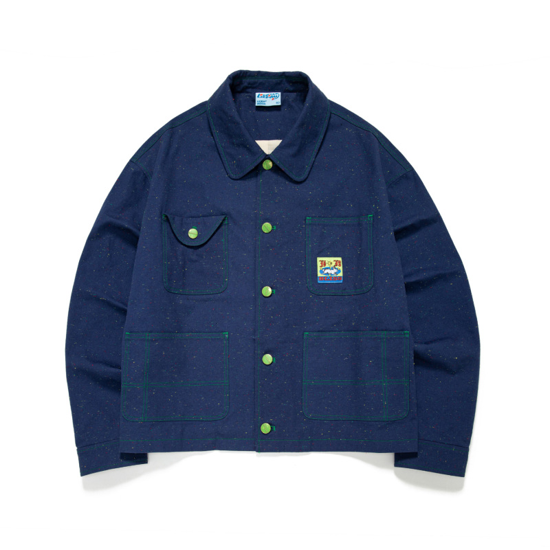 Luckup Archive Workwear Style Jacket, Unisex, Short and Wide Fit, Multi-Pocket Button-Up Jacket, Dark Blue