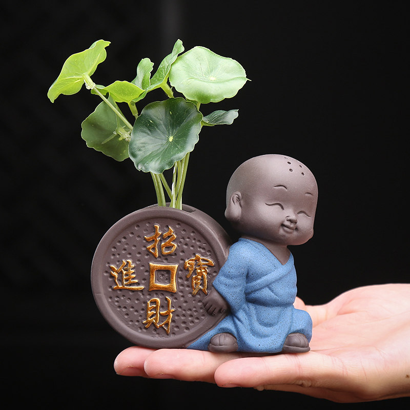 Purple Sand tea pet ornaments can raise Zen little monk Creative hydroponic flower arrangement Tea set decoration Mini small flower