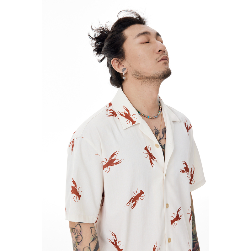 Shizukaumi 24Ss Crayfish Print Hawaiian Shirt Short-Sleeved Cool Cuban Collar Shirt for Men and Women