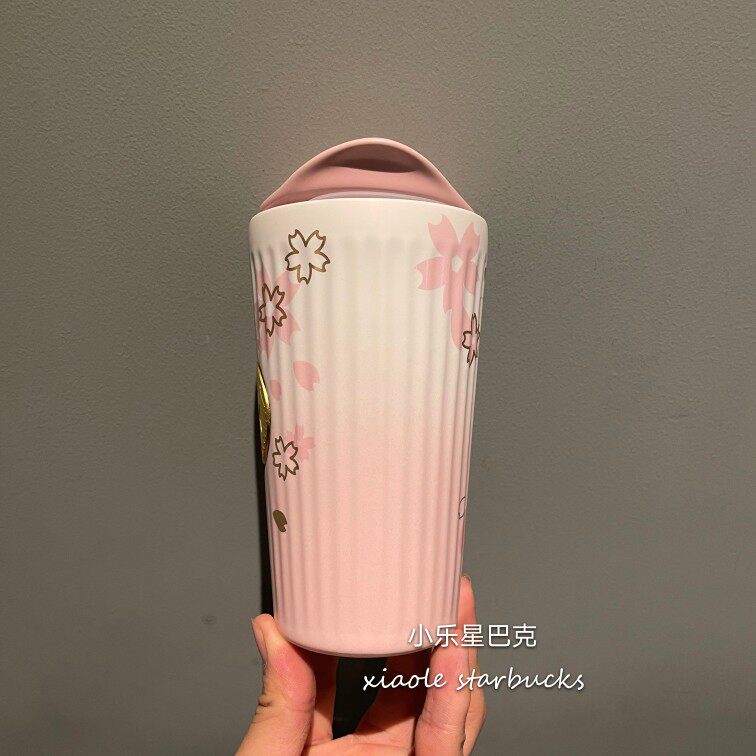 термос 星巴克樱花杯子2021粉白金樱花圆饼包马克玻璃杯吸管保温随行水杯