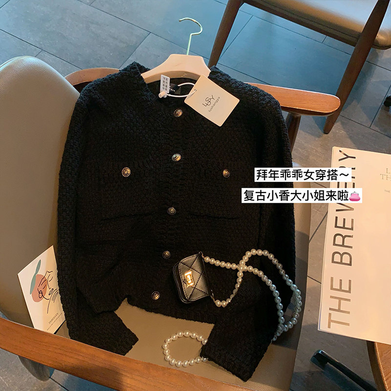 Black sweater cardio-hoodie jacket Women in spring Outer lap French style Don't give a short and small fragrant wine-knit cardiovert blouse spring and autumn season-Taobao