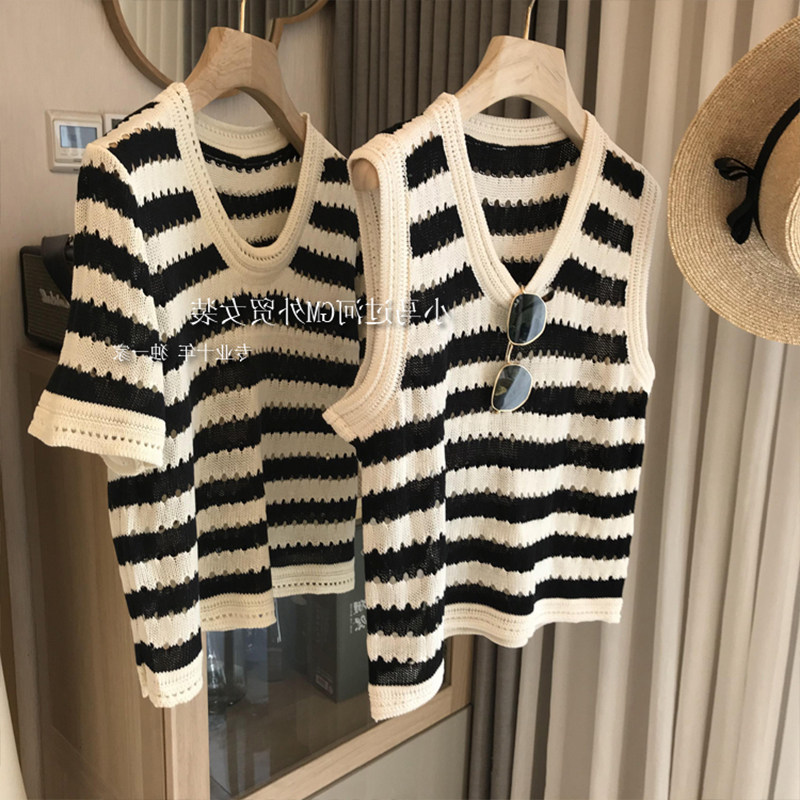 Small fragrant wind retro hollowed-out striped knit waistcoat Waistcoat Woman Summer Sleeveless woman with thin net red blouses-Taobao