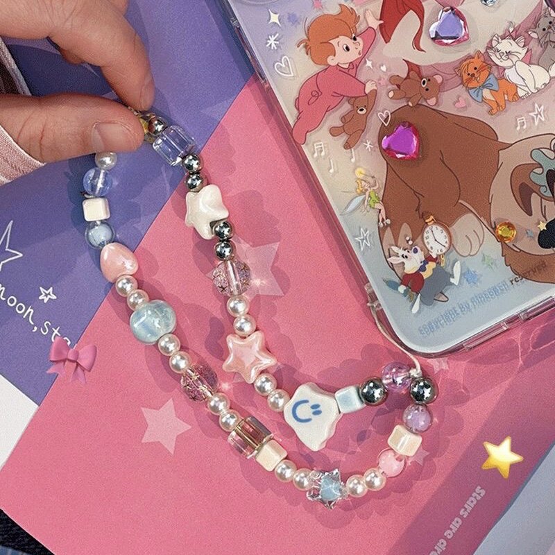 Handmade Spring Dreamy Creamy Y2K Beaded Phone Case Lanyard Short Phone Chain Earphone CCD Camera Chain