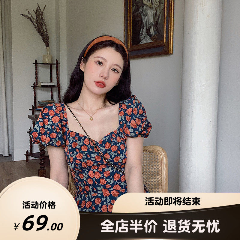 French square shoulder dating square collar skirt can be salty or sweet, small gentle wind, puff sleeves, floral dress, female summer