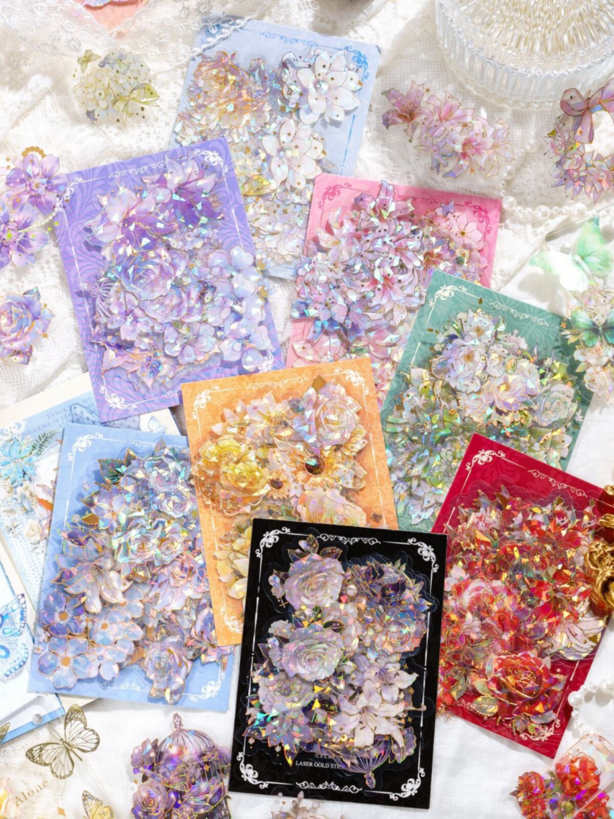 unbounded florilegium PET Ice crystal Laser gold Sticker bag   cover ancient flowers and plants Hand account Coo card diy decorate Stickers   waterproof Mobile phone shell decorate source material