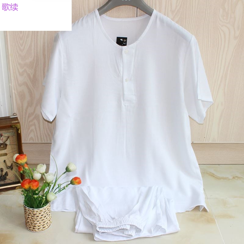 Mens mens mùa hè trung niên quần short ngắn tay lụa bông pajama thiết lập một màu năm điểm quần nhà cotton dày mùa hè.