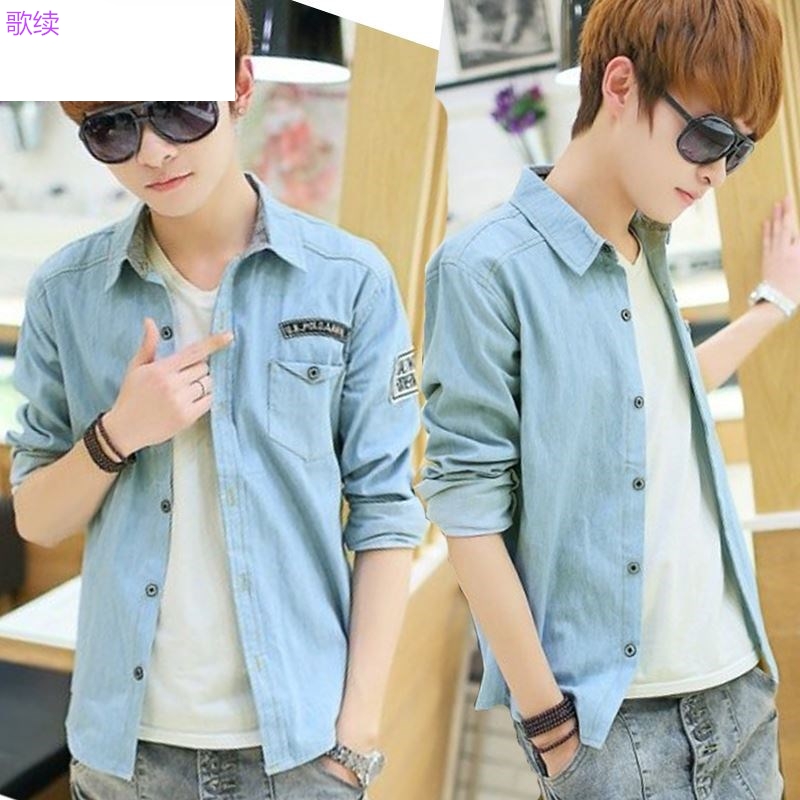 Mùa xuân và mùa thu nam denim áo sơ mi giản dị đầu lỏng lẻo cộng với chất béo kích thước lớn dài tay áo dày quần áo bảo hộ áo.