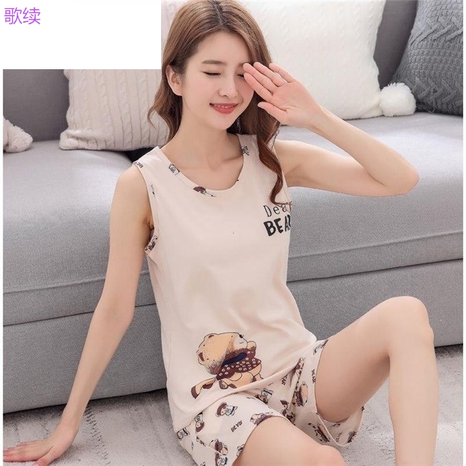 Pajama phụ nữ không tay áo quần short bông phụ nữ béo lỏng dễ thương sinh đôi cộng với bộ đồ nhà mùa hè.