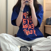 Klein blue short-sleeved t-shirt womens spring and autumn new loose bf lazy wind super fire round neck chic vintage top