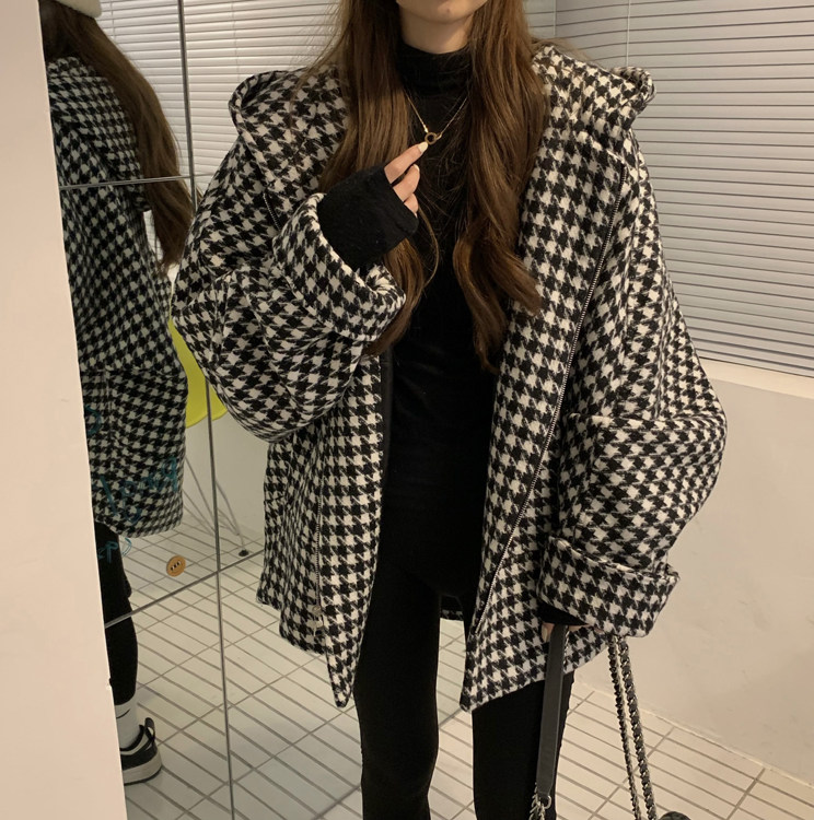 Houndstooth coat women's autumn and winter 2022 new loose, gentle, lazy style, high-level sense, super good-looking hooded cardigan