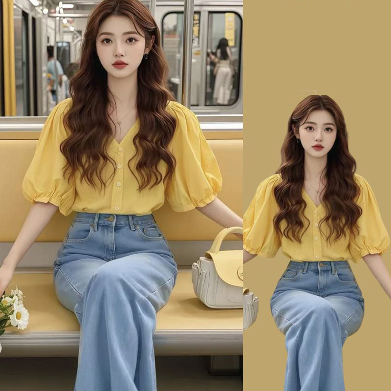 Summer New Korean-Style Gentle Ladylike Puff Sleeve Chanel-Style Top with Unique Design Niche T-Shirt Trendy Top