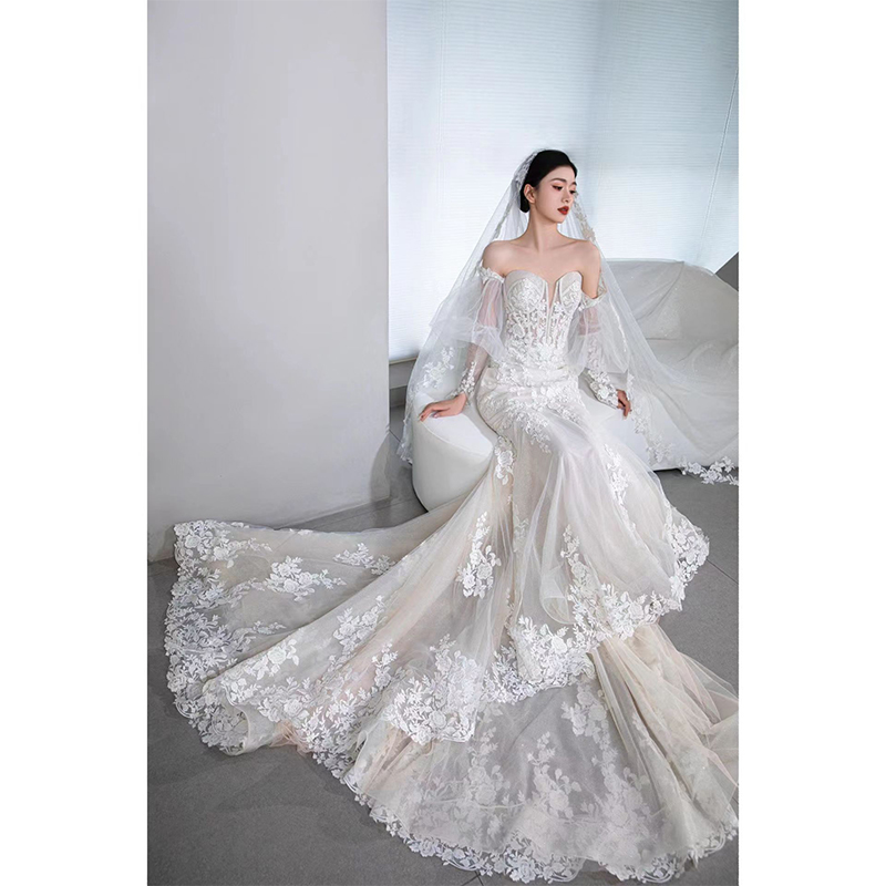 Lace fishtail wedding dress 2024 new tube top going out light gauze temperament travel photography outdoor lawn wedding tail dress