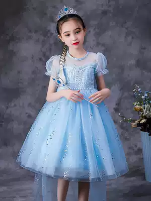 Girls summer clothes 2021 new dress short-sleeved frozen dress children's puffy yarn princess dress birthday